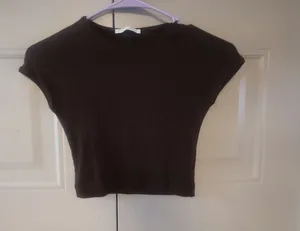 Zara cropped short sleeve basic t-shirt teeshirt tshirt plain in brown size small. thumbnail 1