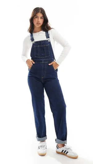 ASOS denim overalls straight leg dark wash jeans inky dungarees jumpsuit thumbnail 1