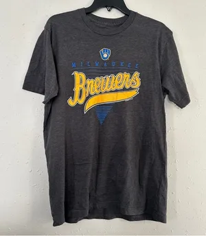 MLB Grey Milwaukee Brewers Short Sleeve T-Shirt Tee Casual Athletic Wear Large thumbnail 1
