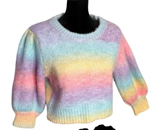 VICI Pastel Rainbow Fuzzy Crop Sweater Puff Sleeve‎ Dopamine Kawaii Kidcore Sz M thumbnail 1