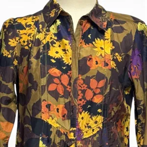 Coldwater Creek Cotton Silk 3/4 Sleeve Tunic Blouse Top Floral Green Brown Small thumbnail 2