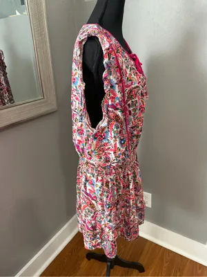 Natural Life Lyla Pink Palms Smocked Waist Tiered Mini Dress Cottagecore XL thumbnail 6