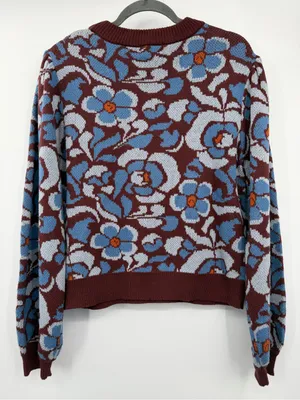 Driftwood Floral Jacquard Cropped Crewneck Sweater Rust Blue L NWT thumbnail 3