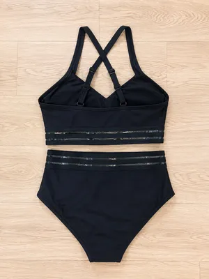 Cupshe Women's Mesh Striped Twisted Cutout Bikini Set High-Waist Black L NWT thumbnail 2