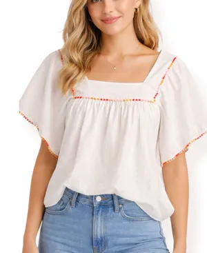 Madewell‎ White Cotton Pom PomTrim Blouse Medium Boho Festival Butterfly Top thumbnail 1
