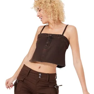 NWT Wild Fable Womens Reworked Cropped Denim Tank Top 90632768 Brown XL thumbnail 1