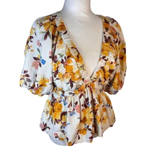 Abercrombie & Fitch Floral Linen Blend Peplum Babydoll Top Womens S Puff Sleeve‎ thumbnail 3