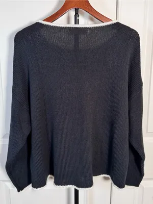 Natural Life Navy Blue Open Knit Sweater M Oversized Boho Crochet Trim Boat Neck thumbnail 2