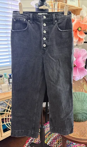Abercrombie & Fitch Washed Black The Crop Wide Leg Ultra High Rise Denim Jeans thumbnail 1