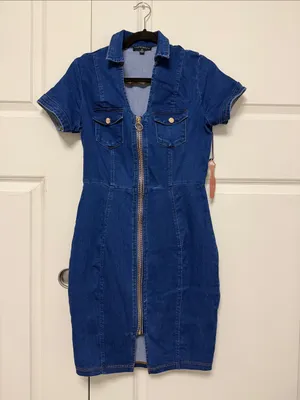 Navy Blue Denim Mini Dress with Front Zip thumbnail 4