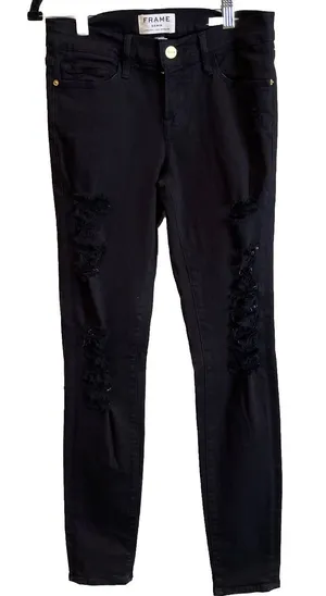 FRAME Womens 26 Le Skinny de‎ Jeanne Jeans Black Distressed Ripped Film Noir thumbnail 1