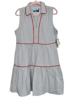 Magellan Outdoors Seersucker Tiered Dress Size L Americana Red Piping Striped thumbnail 2