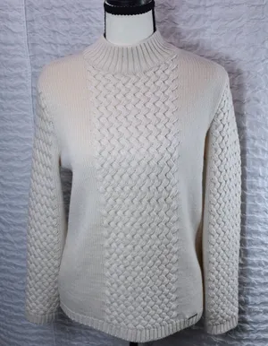 Geiger Cream Wool Cable Knit Mock Neck Sweater Basketweave White Austrian thumbnail 1