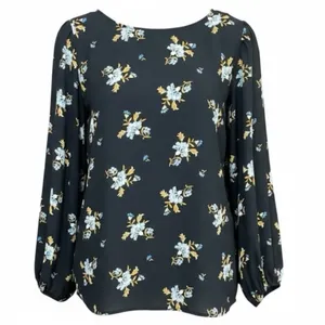 Loft Women's Size L Blouse Top Long Sleeve Blue Floral Polyester Crew Neck thumbnail 2