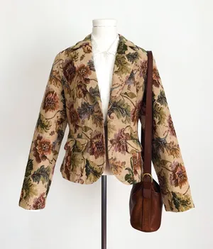 Vintage Y2K Tapestry Woven Botancial Blazer in Tan | Size L thumbnail 1