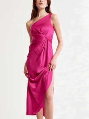 Abercrombie & Fitch Satin One Shoulder Knotted Midi Dress Fuchsia XS NEW $130 thumbnail 2