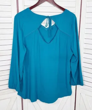 Fortune + Ivy Cutout Back Tie Eyelet Trim Blouse Teal‎ Blue Size Large thumbnail 1