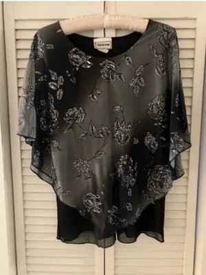 Vintage Odeon Sparkle Sheer Fluttery Top Size Large Black thumbnail 1
