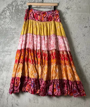 Hale Bob Silk Tiered Maxi Skirt Size Large Boho Floral Patchwork Festival thumbnail 1