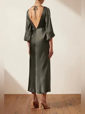 Shona Joy La Lune Balloon Sleeve Backless Midi Dress Slit Olive Green Size 4 thumbnail 2