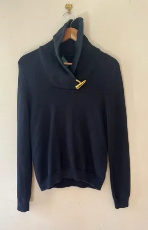 Ralph Lauren Sz XS‎ or PM Green Label Shawl Collar Ribbed Sweater Gold Clasp thumbnail 1