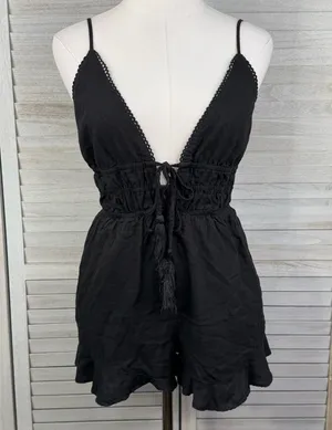 PRINCESS POLLY Colleen Black Boho Sleeveless Linen/Cotton Shortie Romper-2 thumbnail 1