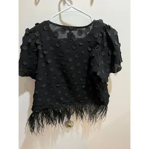 Anthropologie NWT XS Eva Franco Black Sheer Fabric Polka Dot Feathered Hem Top thumbnail 4