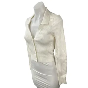 Emory Park Women's Cream Ivory Ribbed Knit Cropped Button Up Cardigan Top Size M thumbnail 4