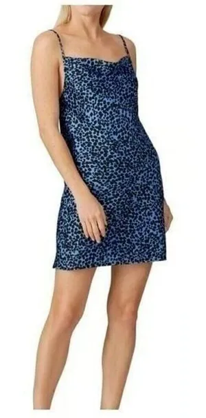Flynn Skye Lynn Small Satin Slip Dress Blue Leopard Print‎ Cowl Neck Mini Dress thumbnail 1