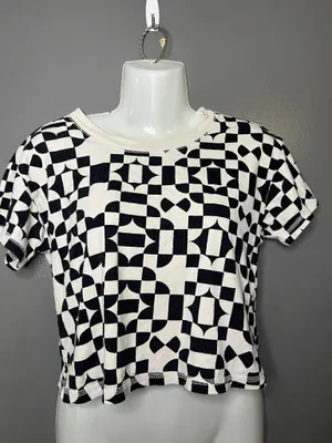 Free People Shirt Womens Small White Black Geometric Checkered Cropped Tee Top thumbnail 2