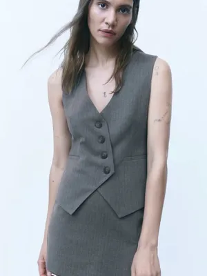 Zara Gray Pinstripe Tailored Asymmetrical Vest Sz L Quiet Luxury Old Money Core thumbnail 2