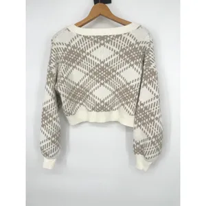 Hollister Button Cardigan Sweater Women XS Plaid Cropped Preppy Academia Neutral thumbnail 3