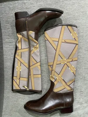 Tory Burch FELIX Riding Boots Brown Leather Equestrian Print Fabric Zip Size 5 thumbnail 8