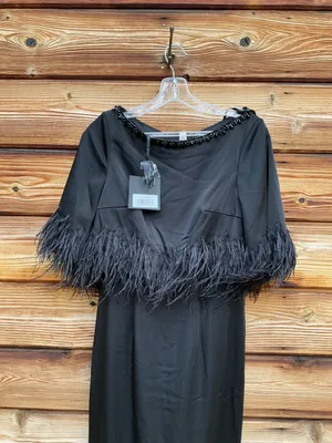 Mac Duggal Black Size 4 Feather Trim 1/4 Sleeve Long Column Gown Dress thumbnail 6