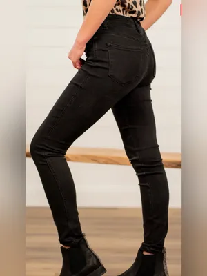 High-Rise Black Skinny Jeans with Button-Up Flyw thumbnail 2
