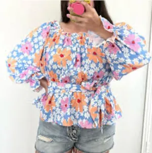 Pink Lily Tie At Waist Top With Orange Pink Blue Elastic Size Medium thumbnail 1