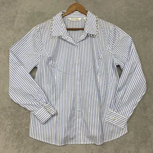BEAUTIFUL by Lawrence Zarian Shirt Womens Medium Blue Stripe Pearl Button Top thumbnail 3