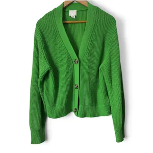 H&M Women Green Ribbed Knit V-Neck Cropped Cardigan Sweater Button Front Small thumbnail 3