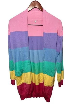 Rainbow Striped Cardigan Sweater Bold Stripes L Multiple Size L thumbnail 1