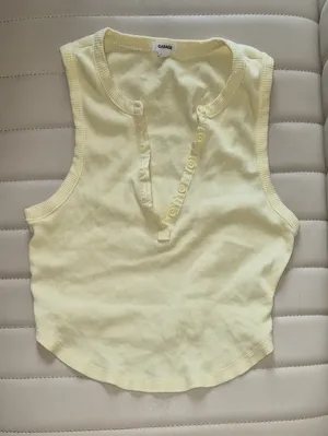 Garage Pale Yellow Ribbed Henley Tank Top Crop V Front Medium thumbnail 1