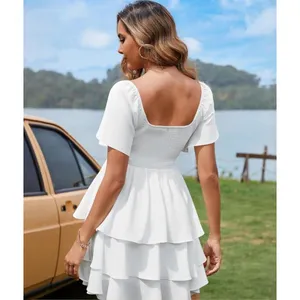 NEW Florboom Women’s Sweetheart Neckline Dress Smocked Tiered Skirt White size L thumbnail 3