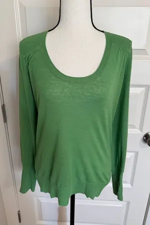 Loft| Green Scoop Neck Lightweight Long Sleeve Sweater with ribbed accents thumbnail 1