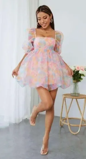 Tie Dye Square Neck Puff Sleeve Organza Dress Petite Medium thumbnail 1