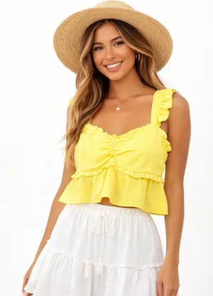 Yellow Y2K Ruffled Feminine Coquette Large Babydoll Crop Tank Top thumbnail 1