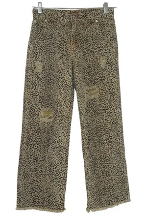 POL Leopard Print Distressed Straight Leg Jeans Tan Black Womens Small bold thumbnail 1