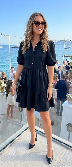 Abercrombie & fitch Black Button-Front Tiered Smock Dress Puff Short Sleeve Coll thumbnail 1