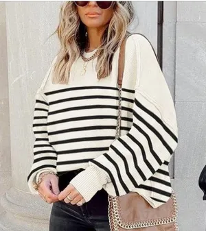 ♥️Trendy Striped Oversized Sweater♥️ ~med White thumbnail 4