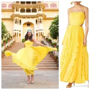 AMUR Maxi Dress Womens 6 Yellow‎ Pleated Cut-Out Ruffle Silk Chiffon Gown thumbnail 3