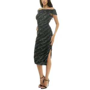 NWT B Darlin Glitter-Knit Off-the-Shoulder Dress U09AN20E Black / Silver XS thumbnail 3