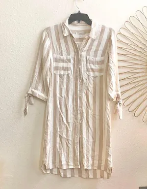 Neiman Marcus Cream Tan White Striped Button Up Down Shirt Mini Summer Dress Front Pockets-Size 8 #Minimalist #Designer #Luxury #Chic Measurement in pics thumbnail 1